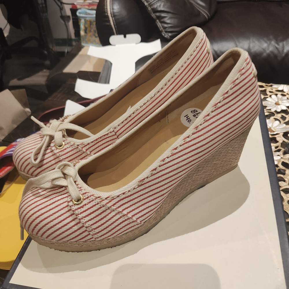 Striped Red and White Wedge Shoes